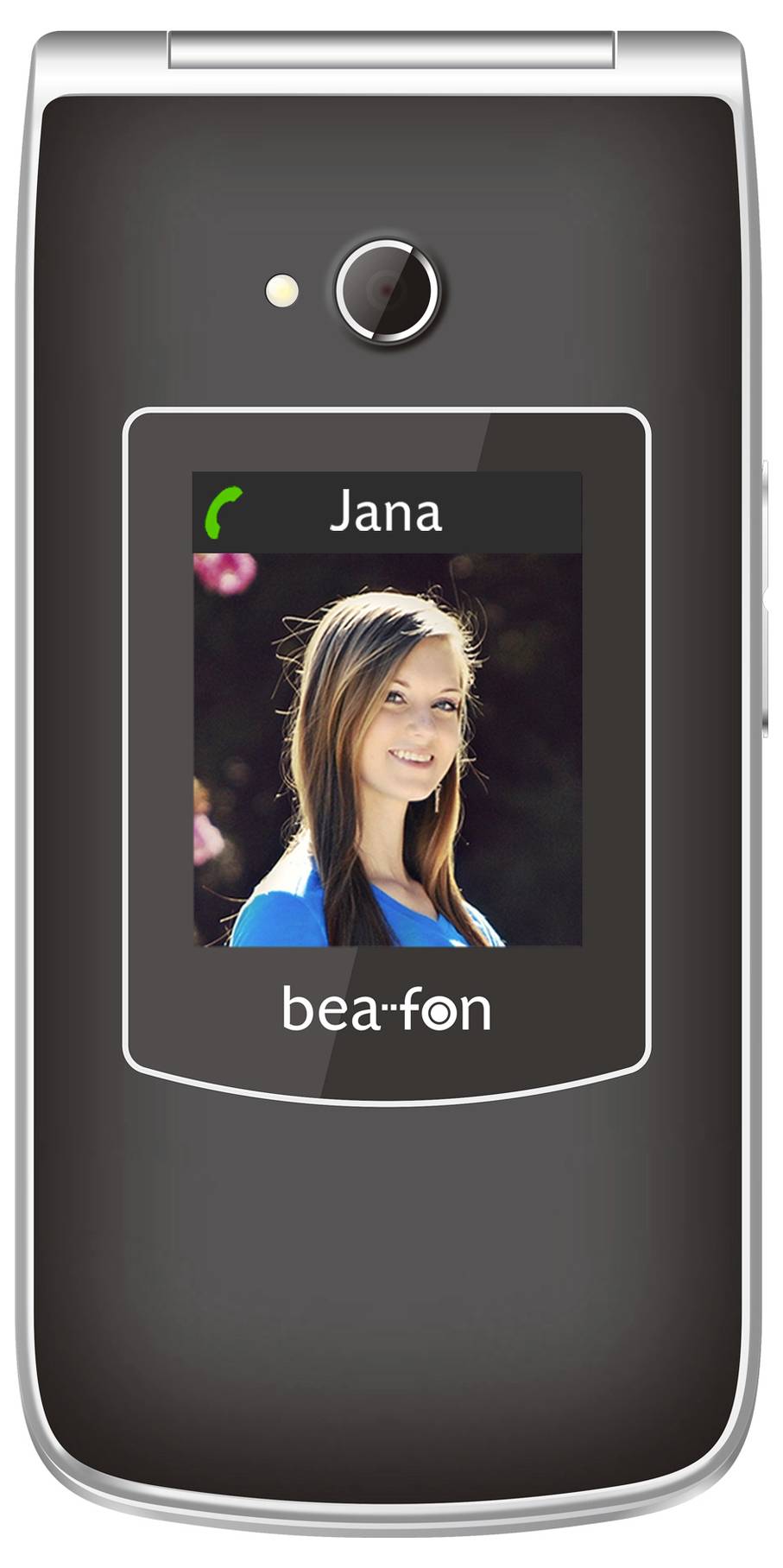 Ein Klapphandy mit einem Kontaktbildschirm für 'Jana', auf dem das Foto einer Frau und das Markenlogo 'bea-fon' zu sehen sind.