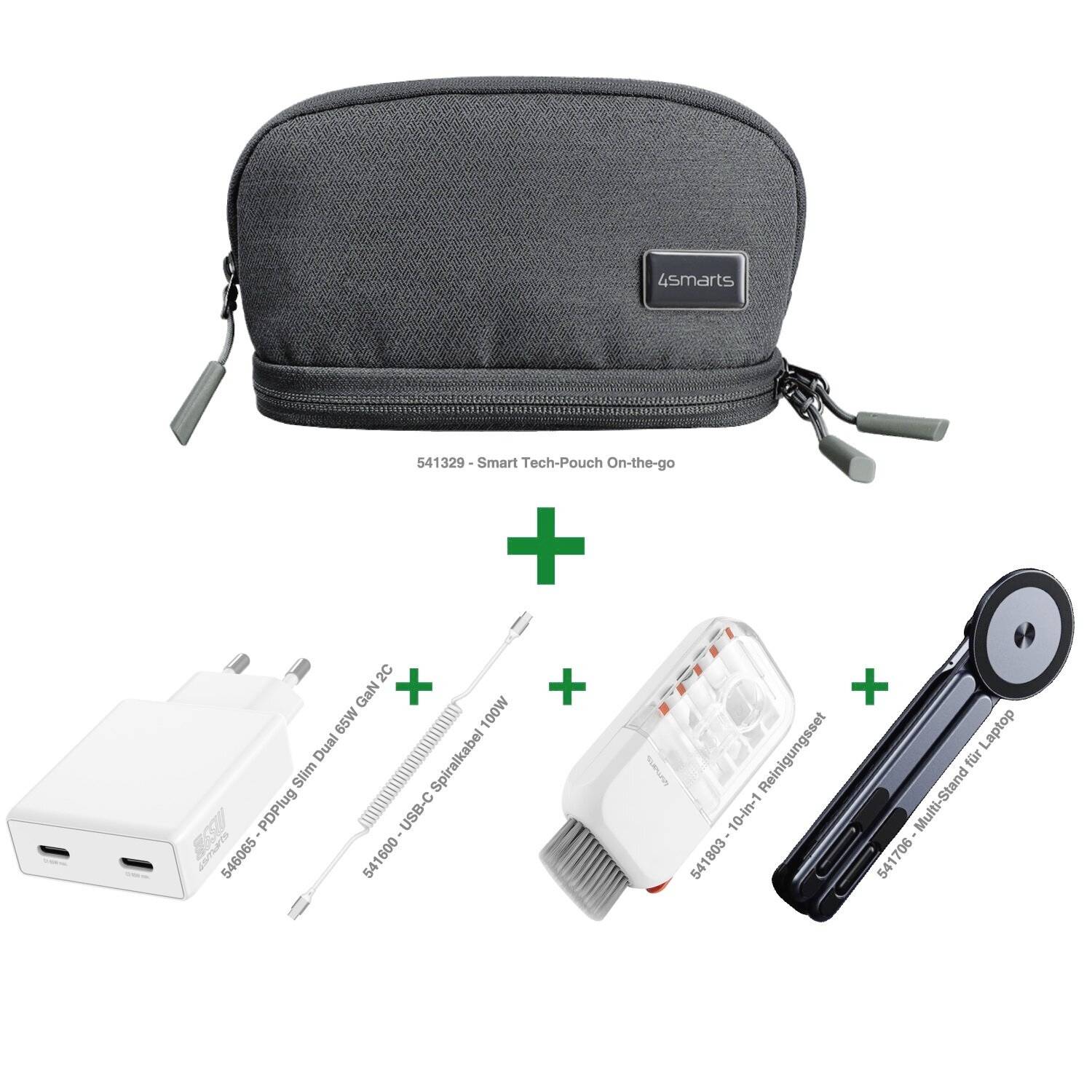 Eine graue 4smarts Tech-Tasche, abgebildet mit vier mitgelieferten Zubehörteilen: USB-C zu USB-C Kabel, 100W Autoladegerät, USB-C zu Lightning Adapter und ein magnetischer Laptop-Ständer.