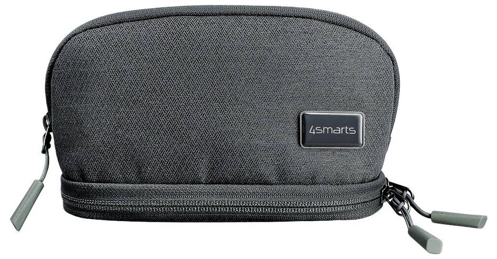 Graue 4smarts Tragetasche mit Reißverschluss, oberer Griffschlaufe und zwei seitlichen Reißverschlusszügen auf weißem Hintergrund.