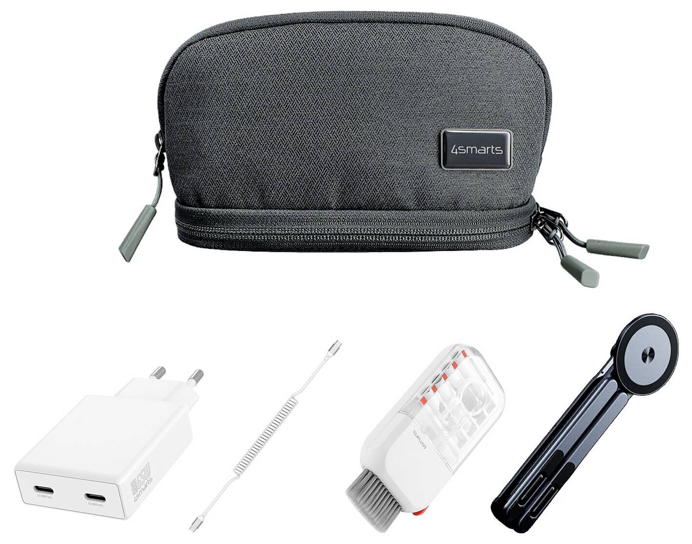 Graue 4smarts Tasche mit Reißverschluss mit einem Ladegerät, Reinigungsbürste, SIM-Kartenwerkzeug und klappbarem Telefonständer/Zubehörsatz, der unten angezeigt wird.