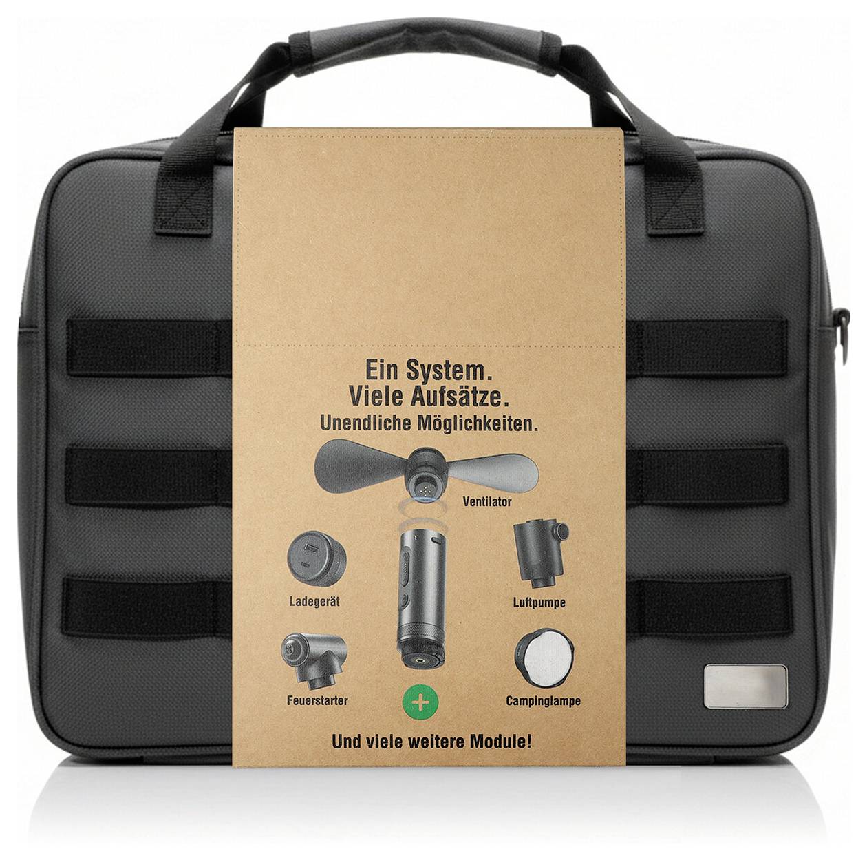 Schwarze Transporttasche mit Kartoneinlage, die ein modulares System in deutscher Sprache bewirbt: „Ein System. Viele Aufsätze. Unendliche Möglichkeiten." mit austauschbaren Geräteaufsätzen.