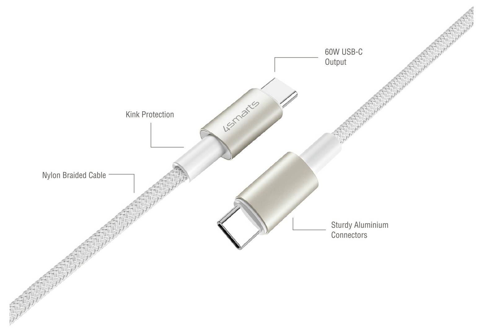 Produktbild eines nylon-geflochtenen USB-C-Kabels mit 60-W-USB-C-Ausgang, Knickschutz und robusten Aluminium-Anschlüssen.