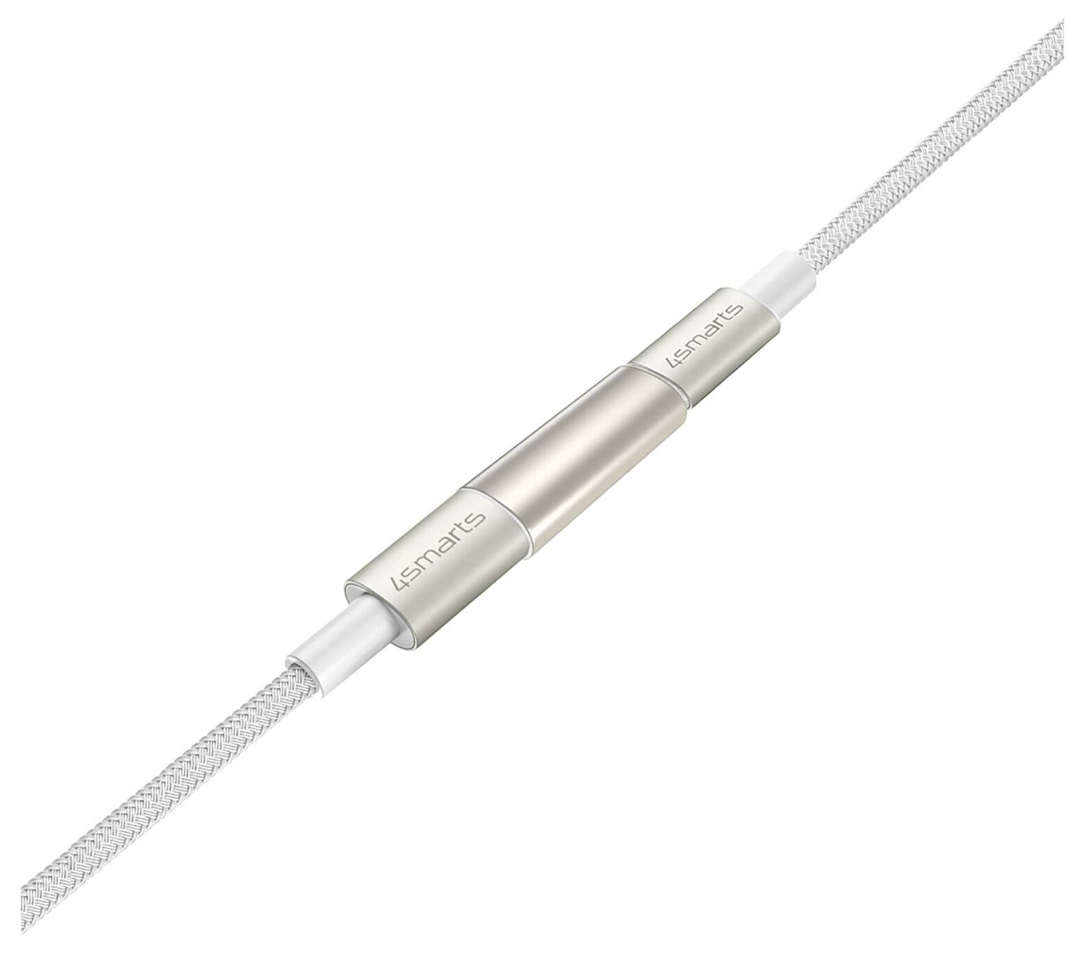 Ein geflochtenes Kabel mit einem goldenen zylindrischen Inline-Stecker mit der Aufschrift „Lemarts" auf weißem Hintergrund.