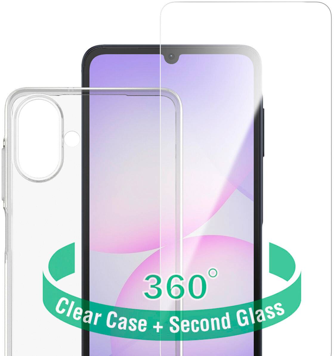 Smartphone mit durchsichtiger Schutzhülle und Displayschutzfolie, beschriftet mit „360° Clear Case + Second Glass