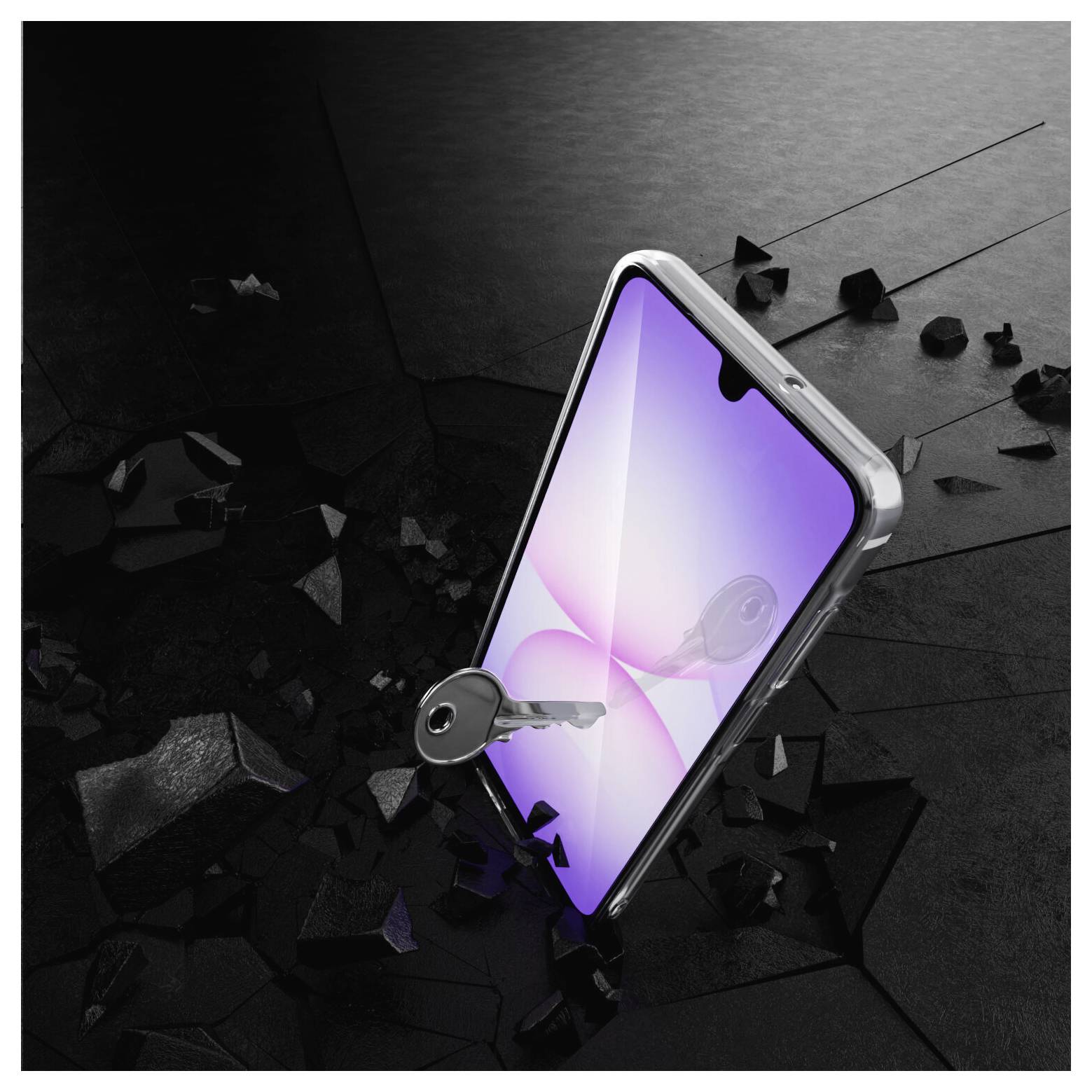Ein Smartphone mit leuchtend violettem Bildschirm wird von einem Schlüssel aufgebrochen, was Entsperrung oder Zugriff symbolisiert.