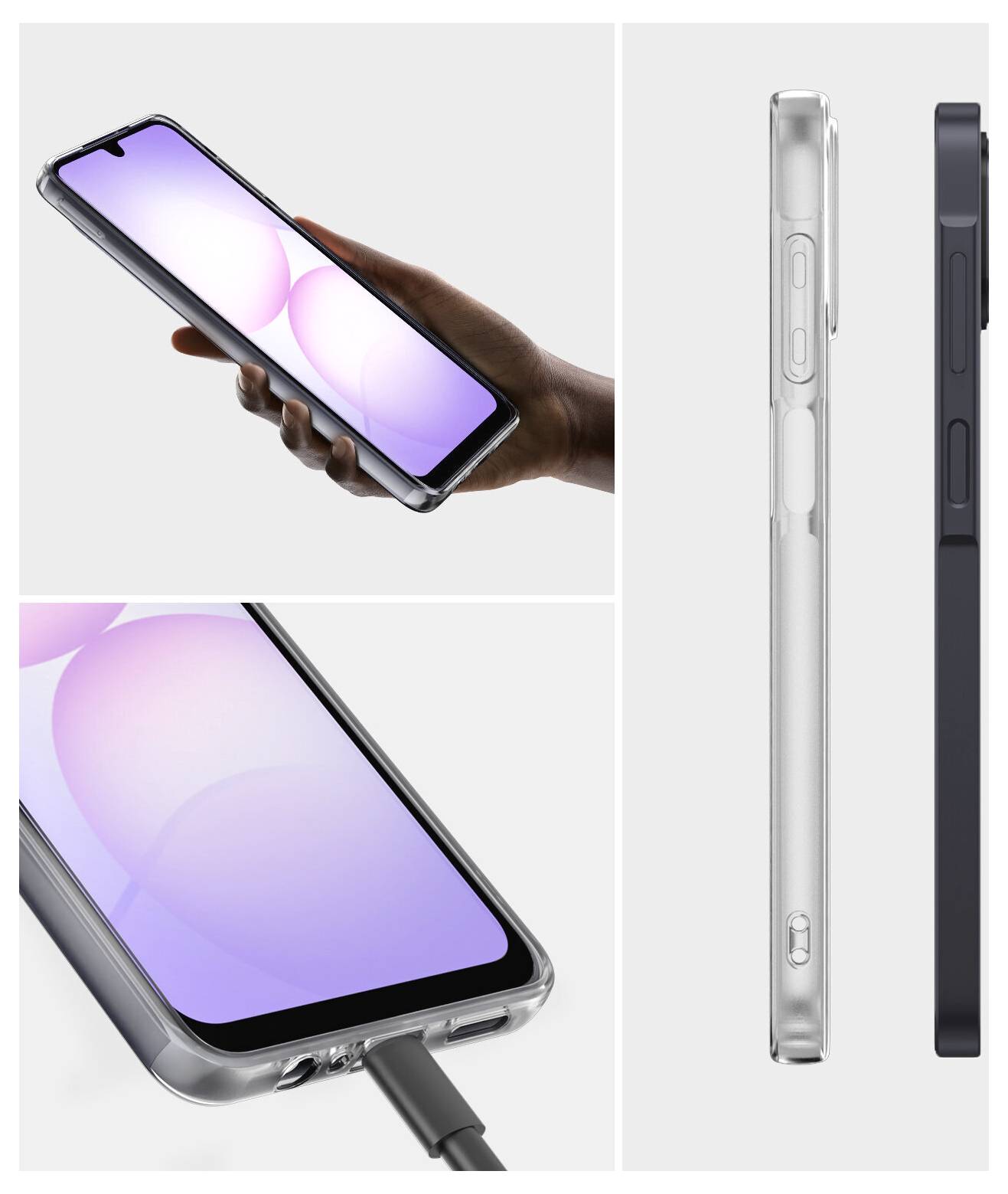 Telefon in einem klaren Schutzcover in der Hand gezeigt, plus Nahaufnahmen des unteren Ladeanschlusses und der Seitentasten, mit Vorder- und Seitenansichten.