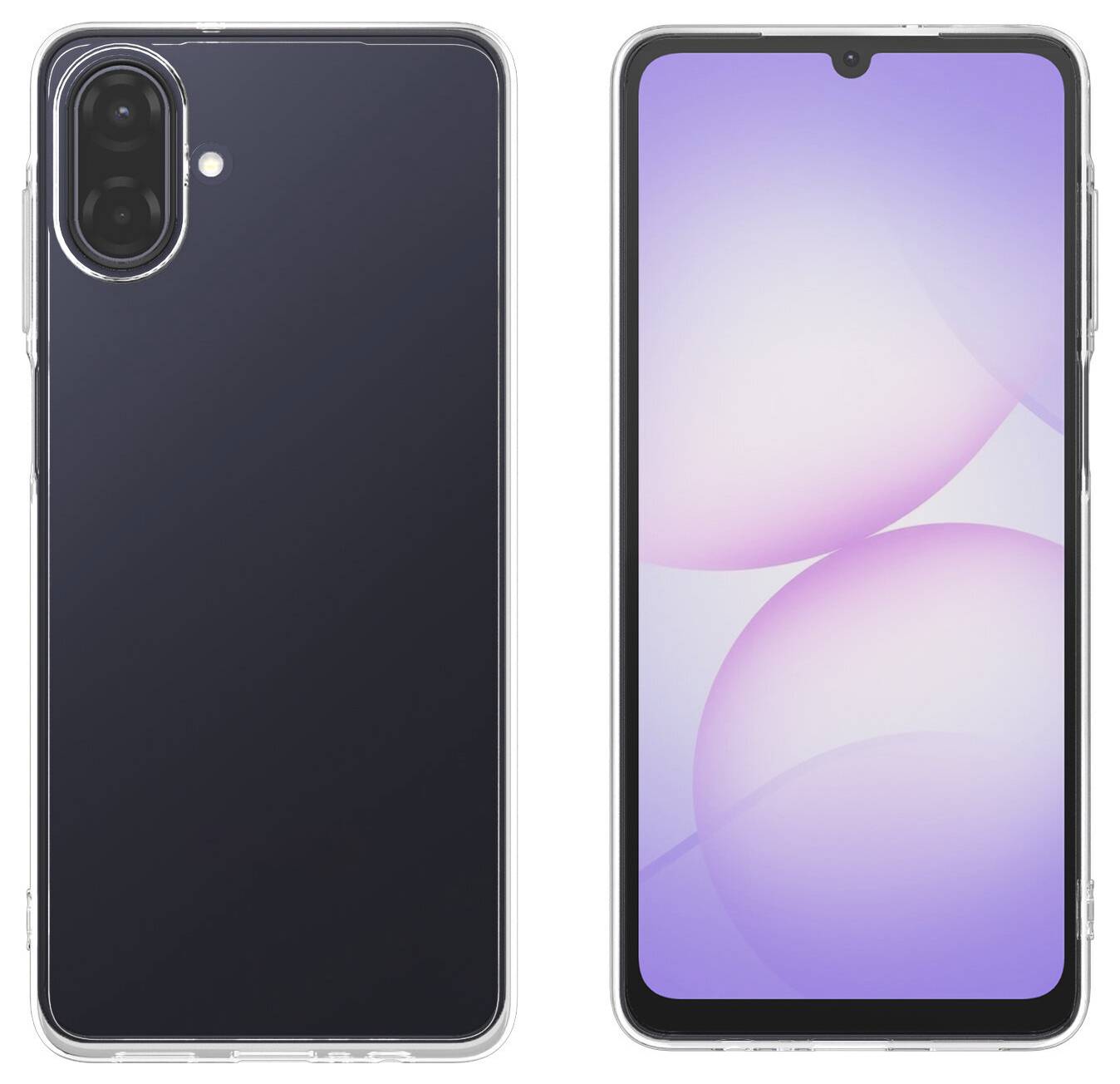 Zwei Ansichten eines Smartphones in einer transparenten Hülle: Rückseite mit Dual-Kameras und Vorderseite mit violettem abstraktem Hintergrundbild.