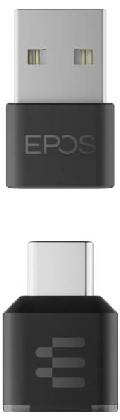 Nahaufnahme eines EPOS USB-Dongle-Adapters von vorne und hinten gezeigt, mit schwarzem Unterkörper und silbernem USB-Anschluss.