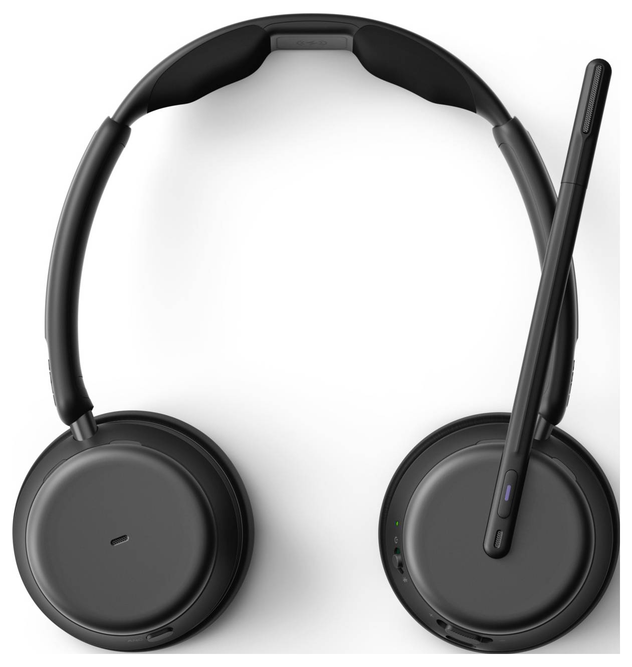 Schwarze Over-Ear-Kopfhörer mit integriertem Boom-Mikrofon, abgebildet auf weißem Hintergrund.