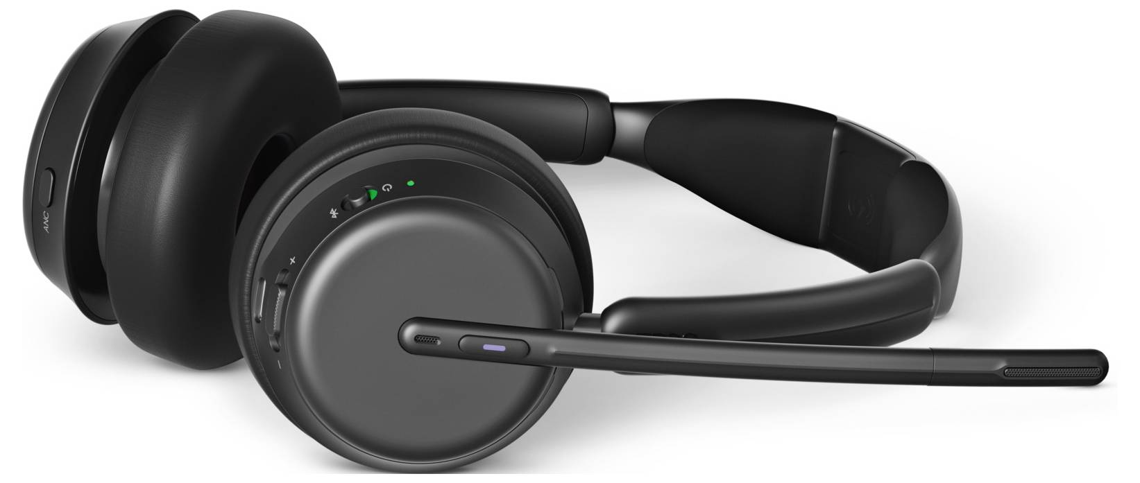 Schwarzes Over-Ear-Funk-Headset mit Boom-Mikrofon, in Seitenansicht auf weißem Hintergrund dargestellt.