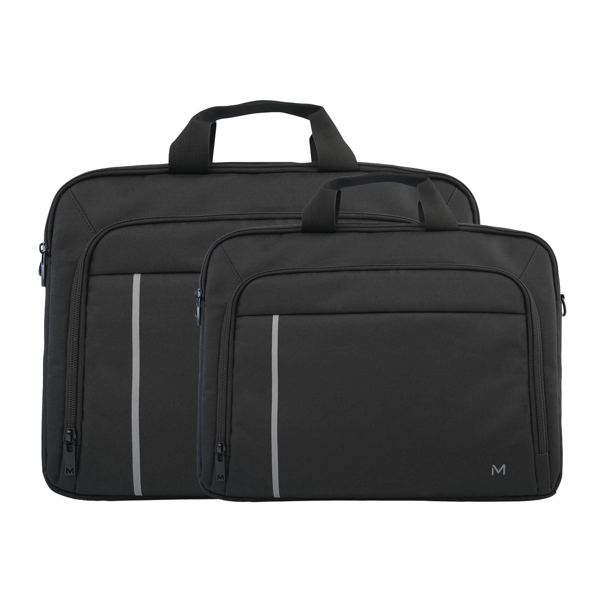 Zwei schwarze Laptop-Aktentaschen oder Computertaschen, eine größere hinter einer kleineren, jeweils mit Griffen und vorderen Reißverschlusstaschen.