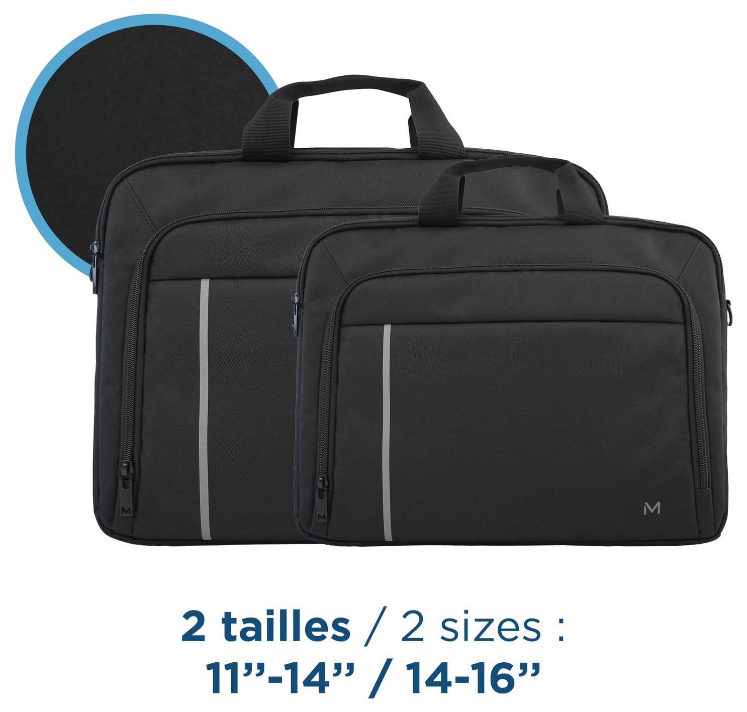 Zwei schwarze Laptop-Taschen in zwei Größen, mit Text "2 tailles / 2 sizes: 11"-14" / 14-16"".