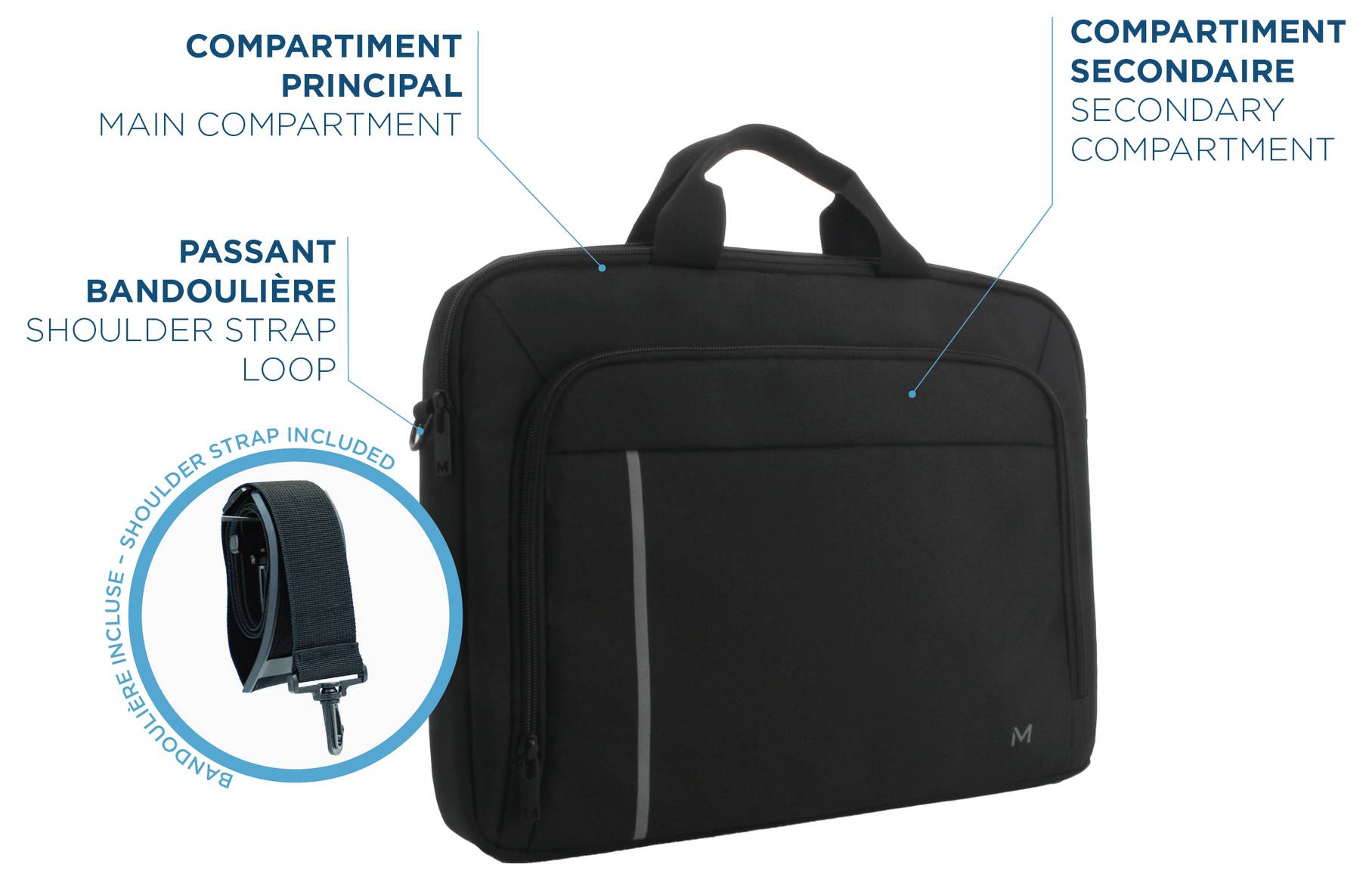 Schwarze aktentaschenähnliche Laptoptasche mit Grifftragegriff, Schultergurt-Schlaufe und zwei Fächern mit der Bezeichnung Hauptfach und Nebenfach.