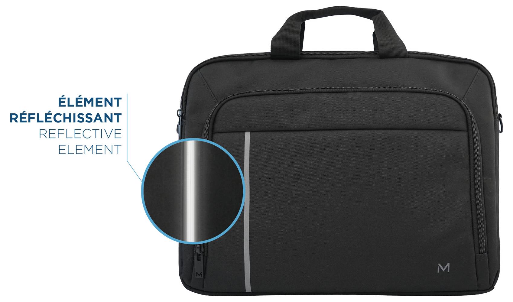 Schwarze Laptop-Aktentasche mit Griff und Schultergurten, gezeigt mit einem hervorgehobenen vertikalen reflektierenden Streifen, gekennzeichnet als „REFLEKTIERENDES ELEMENT".