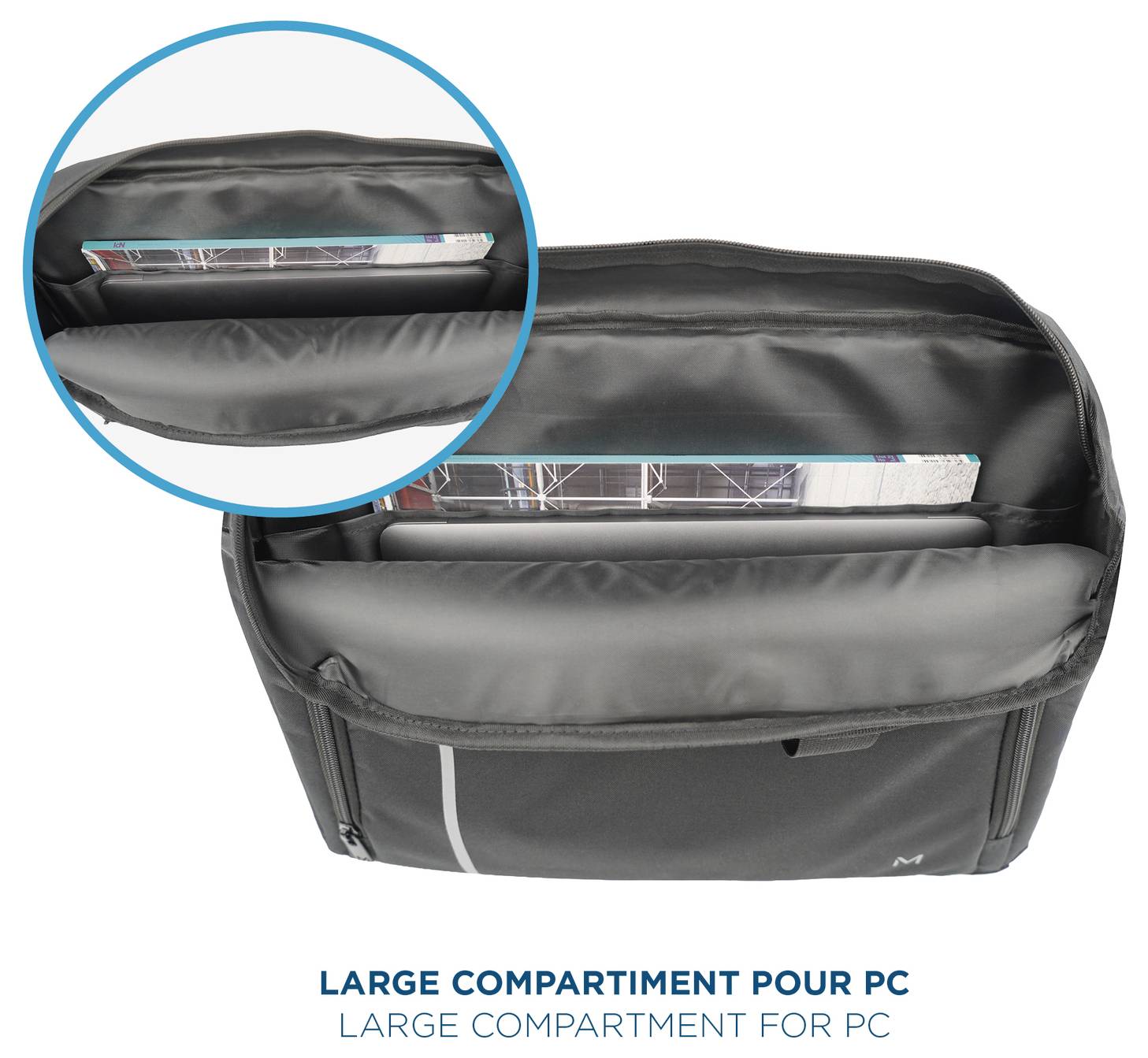 Schwarze Laptop-Tasche mit einem großen gepolsterten Computerbereich, geöffnet dargestellt mit einer Detailaufnahme, die die Haupttasche hervorhebt.