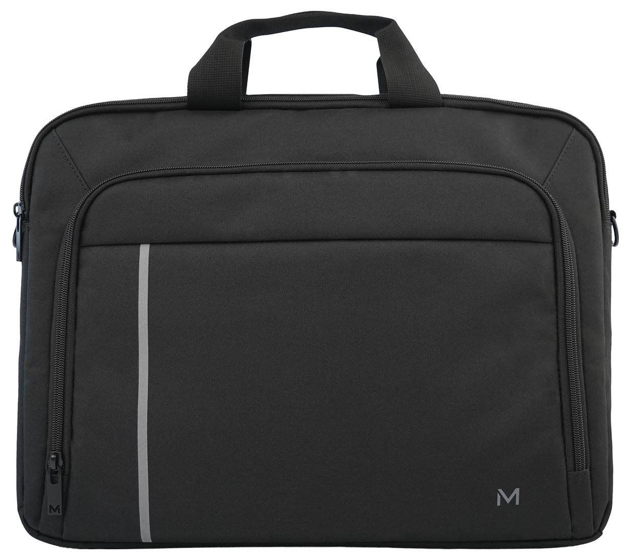 Schwarze Laptop-Aktentasche mit Griff oben, Reißverschlusstasche vorne, vertikalem reflektierendem Streifen und kleinem „M"-Logo auf weißem Hintergrund.