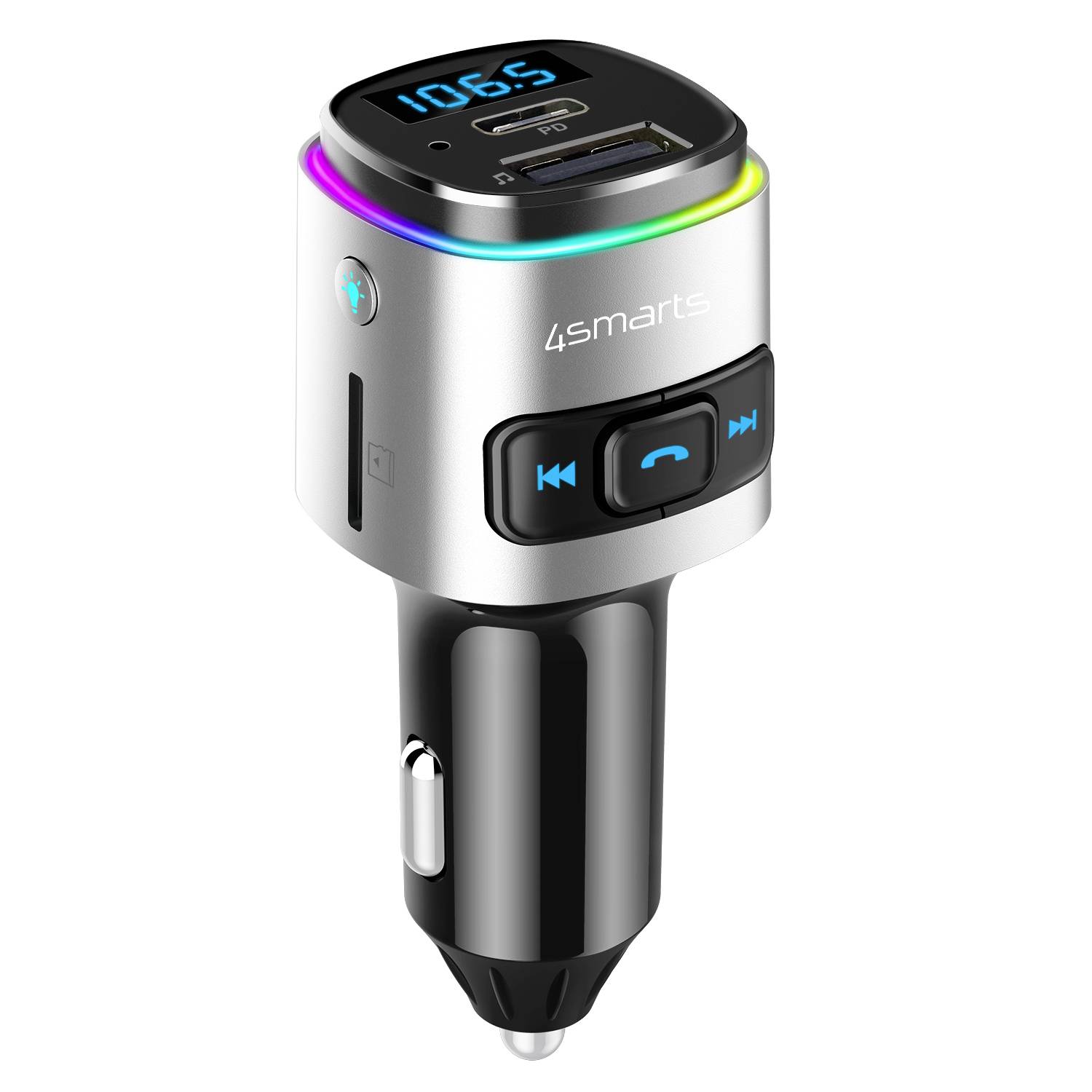 4smarts Auto-FM-Transmitter und Bluetooth-Ladegerät mit LED-Display, USB-Anschluss und Wiedergabesteuerelementen für freihändige Musik- und Anrufwiedergabe.
