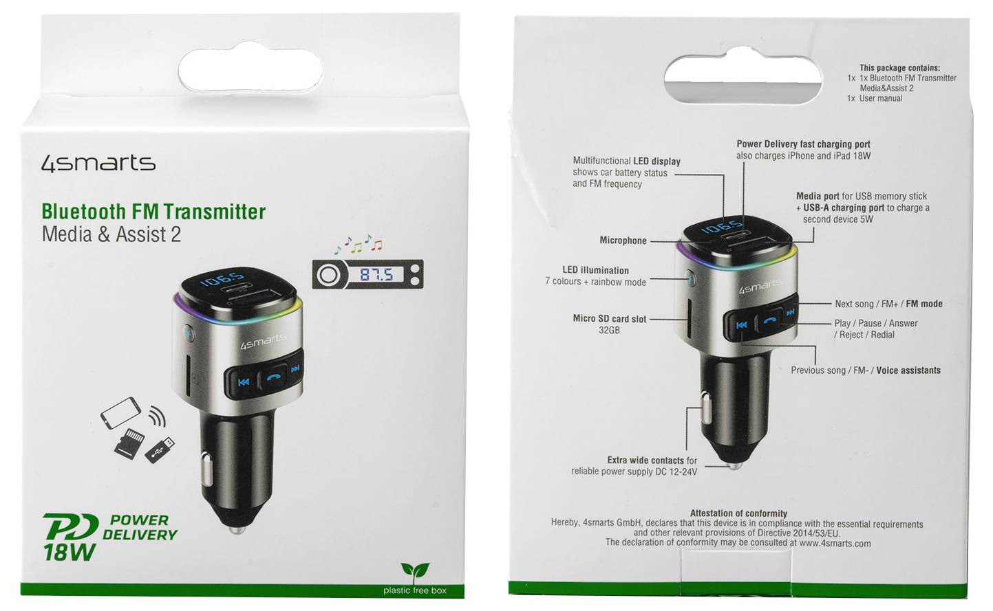 # Produktbox für 4smarts Bluetooth-FM-Transmitter und Media & Assist 2 Kfz-Ladegerät mit Produktfoto und gekennzeichneten Funktionen auf Vorder- und Rückseite.