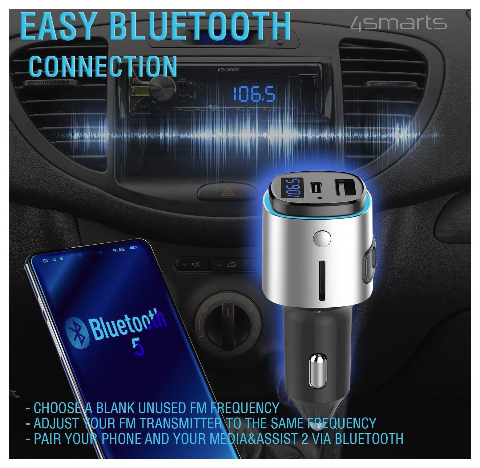 Auto-FM-Bluetooth-Transmitter-Anzeige mit Telefonkopplung zum Autoradio auf 106,5 FM, zeigt "EINFACHE BLUETOOTH-VERBINDUNG" und Einrichtungsschritte.