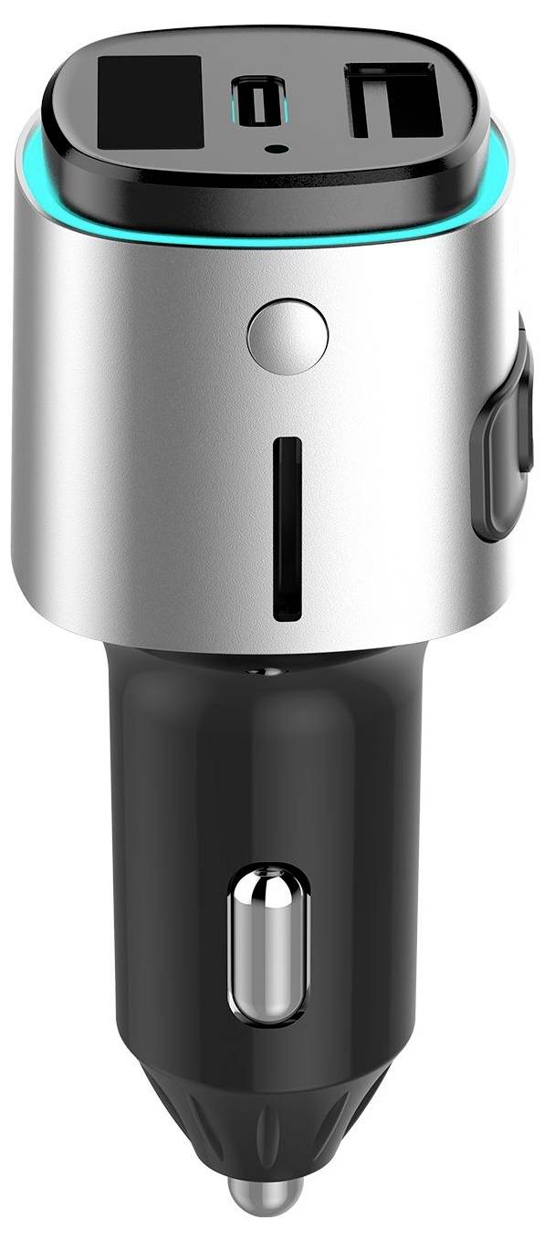 Kfz-Smartphone-Ladegerät-Adapter mit zwei USB-Anschlüssen und leuchtenden blauem Ring zum Einstecken in einen fahrzeugeigenen Stromauslass.