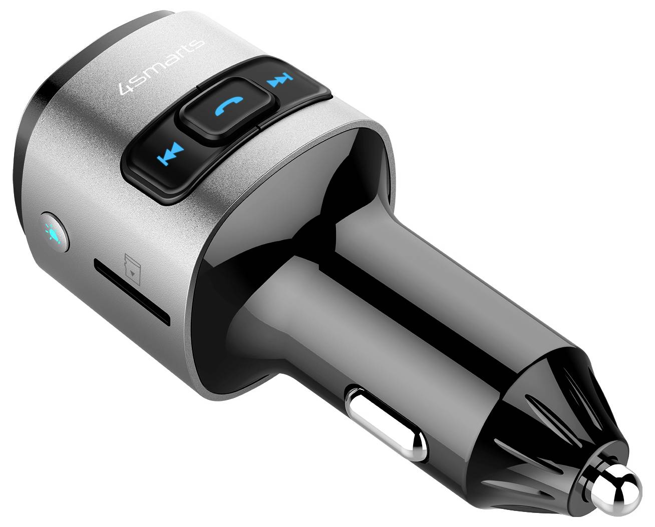 Silberner Bluetooth-Auto-FM-Transmitter mit USB-Laden, Musiksteuerung und eingebautem Mikrofon für freihändige Anrufe.
