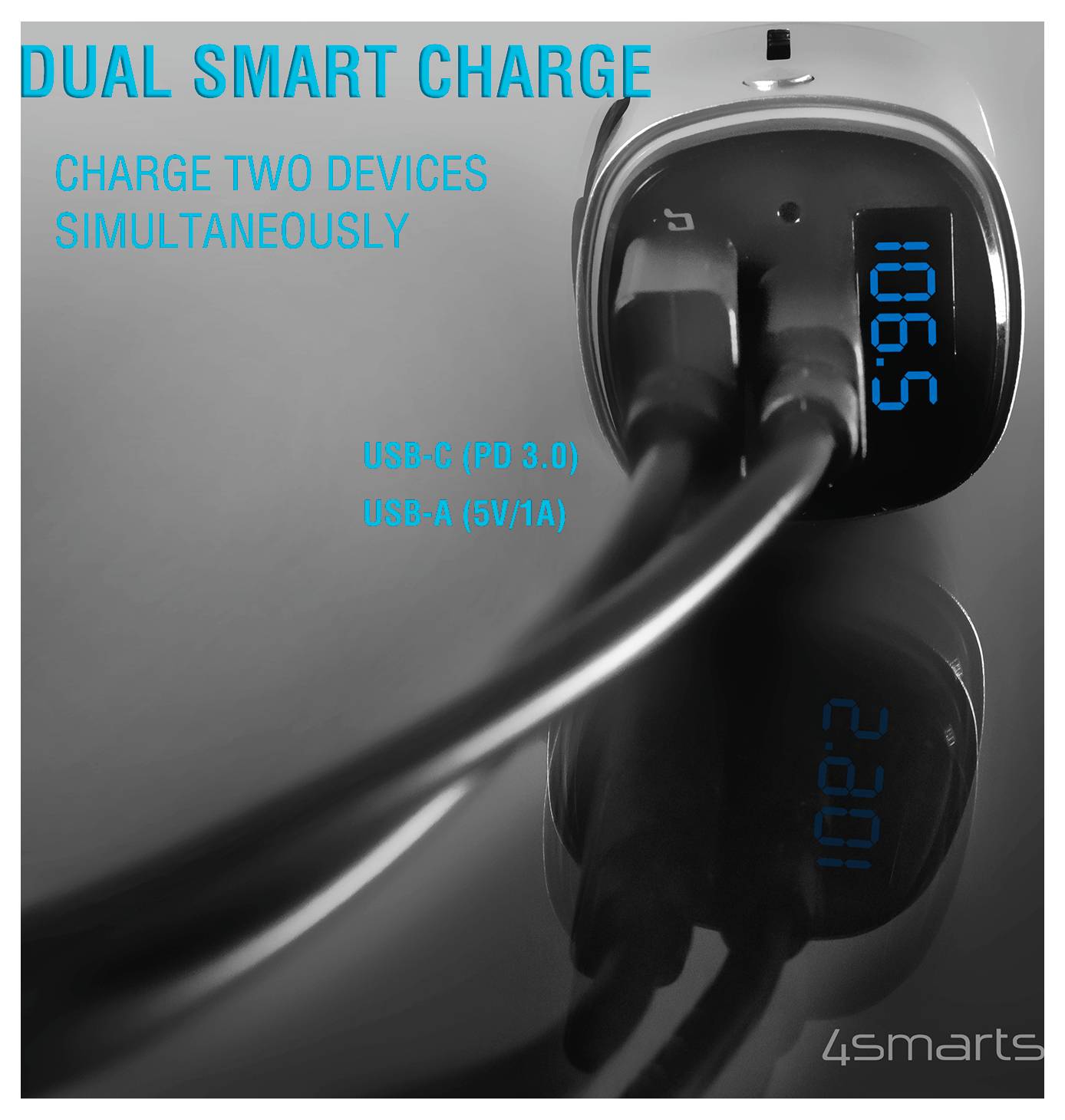 Werbebild eines dualen Smart-Ladegeräts mit zwei USB-Anschlüssen; der Text besagt „Laden Sie zwei Geräte gleichzeitig auf" und zeigt die Beschriftungen USB-C (PD 3.0) und USB-A (5V/1A).