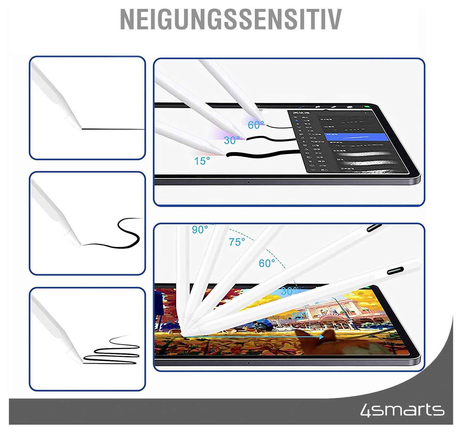 Diagramm, das die Stiftneigungsempfindlichkeit auf einem Tablet zeigt, mit Linien, die sich ändern, wenn sich der Stiftwinkel von 15° bis 90° verschiebt, um Zeicheneffekte zu erzielen.