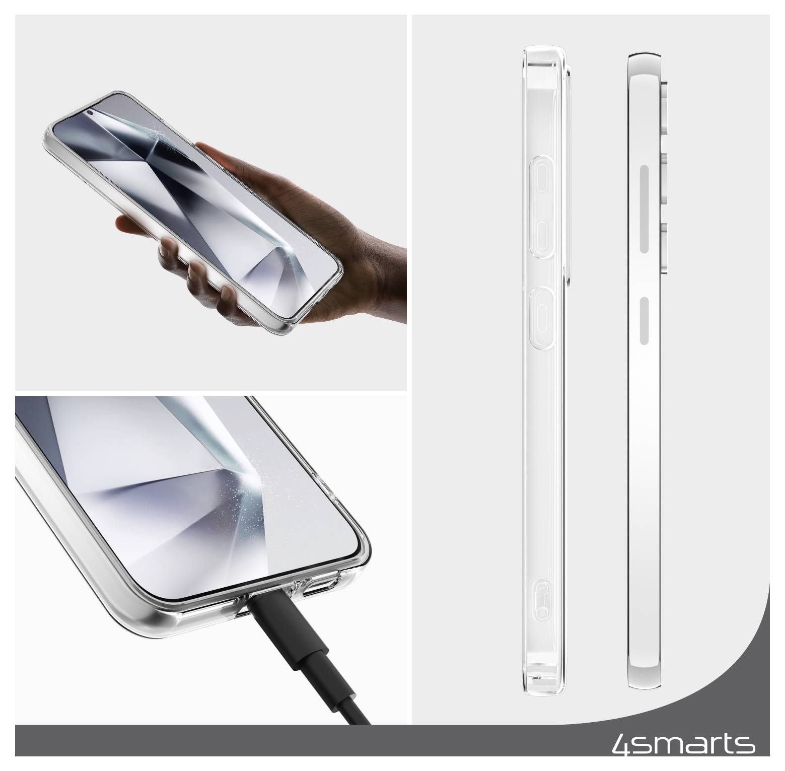 Collage zeigt eine klare Schutzhandyhülle auf einem Smartphone, mit Seitenansichten, die schlanke Tasten und Zugang zum Ladeanschluss hervorheben.