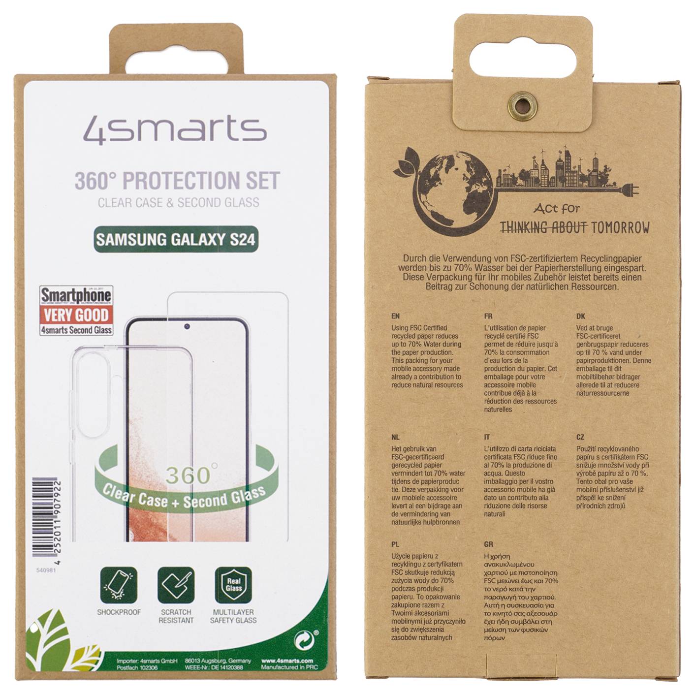 Vorder- und Rückseite einer 4smarts 360°-Schutzset-Verpackung für Samsung Galaxy S24, die auf Kartonverpackung transparente Hülle und zweites Glas zeigt.
