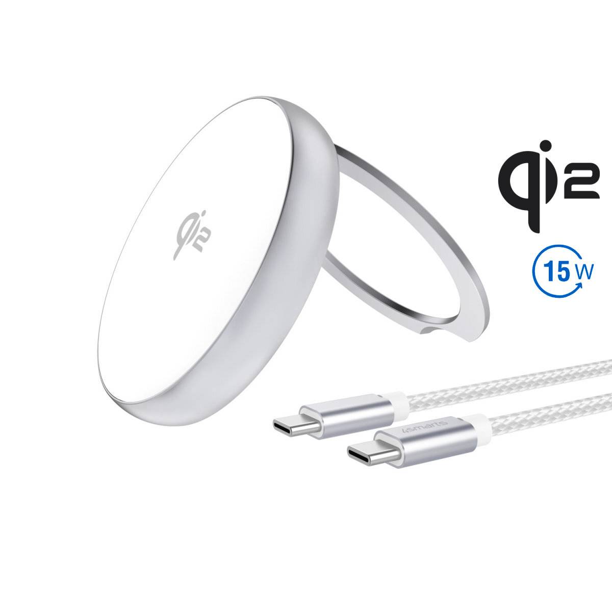 Qi2 15W magnetisches kabelloses Ladegerät mit geflochtenem USB-C-Kabel auf weißem Hintergrund.
