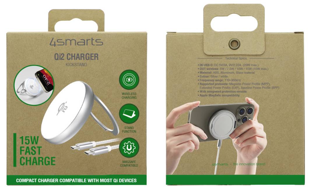 Verpackung für ein 4smarts Qi2-Wireless-Ladegerät, das das Ladegerät, die Handyhalterung, 15W-Schnellladung und kompakte Kompatibilität mit den meisten Q-Geräten zeigt.