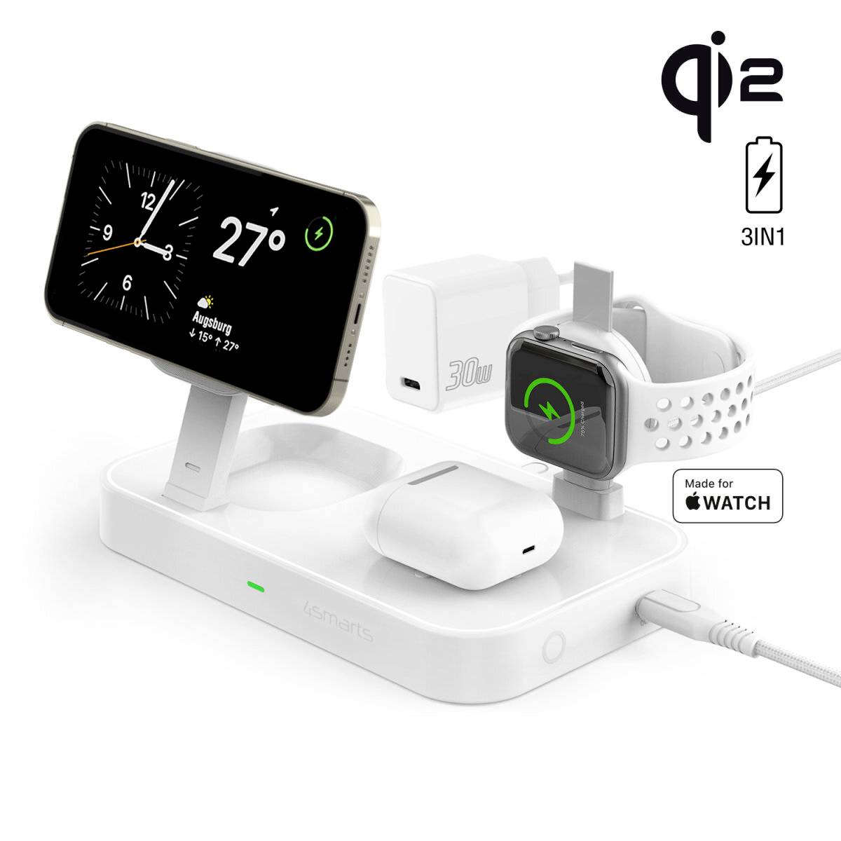 3-in-1 kabelloses Ladegerät mit Ständer für iPhone, Apple Watch und AirPods, zeigt alle drei Geräte beim Laden auf einer weißen Basis.
