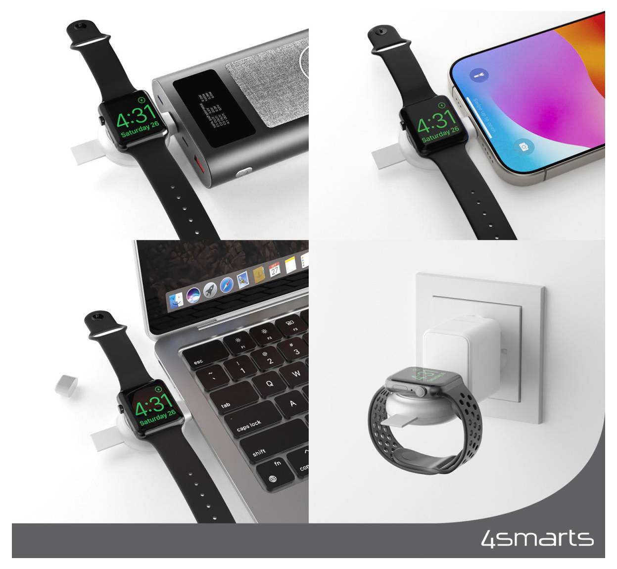 4smarts Ladestation für Apple Watch mit USB-C-Stecker, shown beim Laden neben einem Telefon, Laptop, Powerbank und Wandladegerät