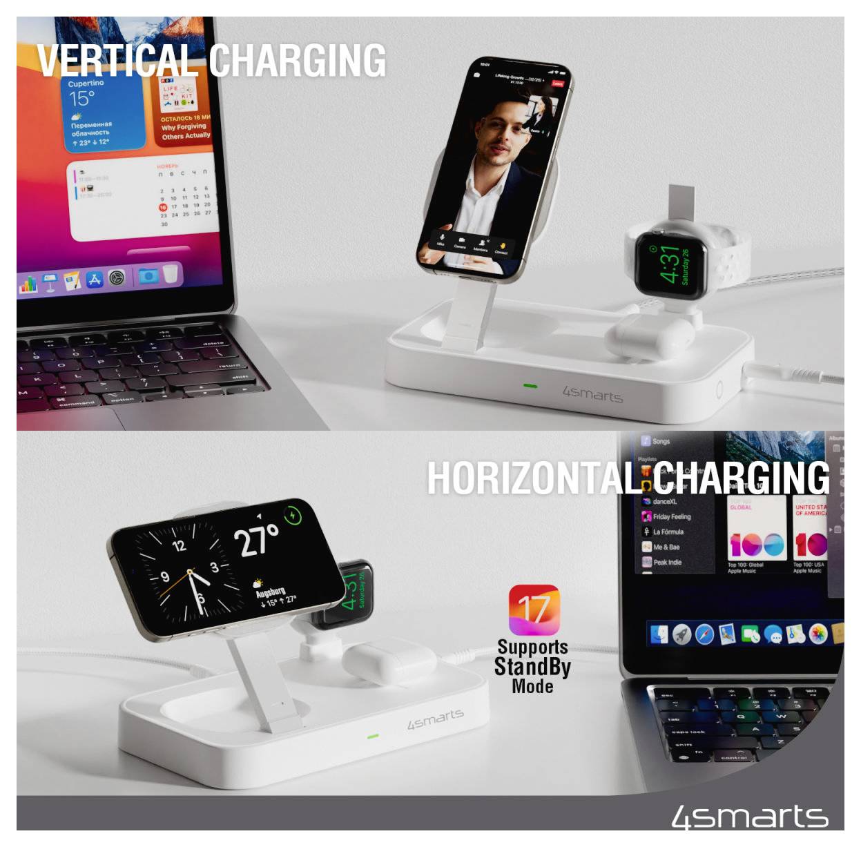 Werbebild einer 4smarts-Ladestation mit vertikalem und horizontalem kabellosen Laden für ein iPhone und eine Apple Watch, mit dem Text „Unterstützt StandBy-Modus".