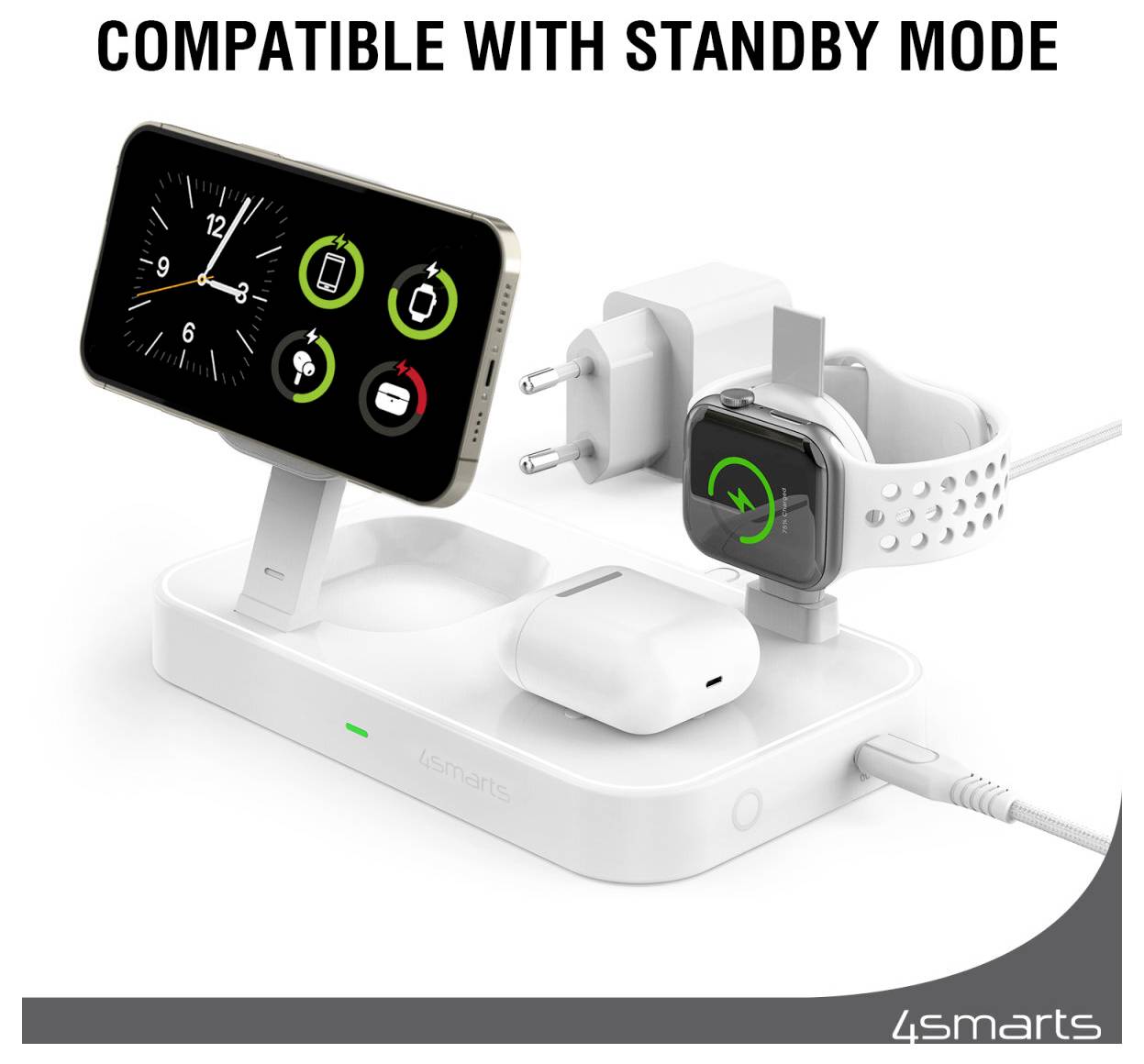 Ladeständer für mehrere Geräte mit iPhone, Apple Watch, AirPods und einem Steckeradapter; Text liest sich „KOMPATIBEL MIT STANDBY-MODUS".