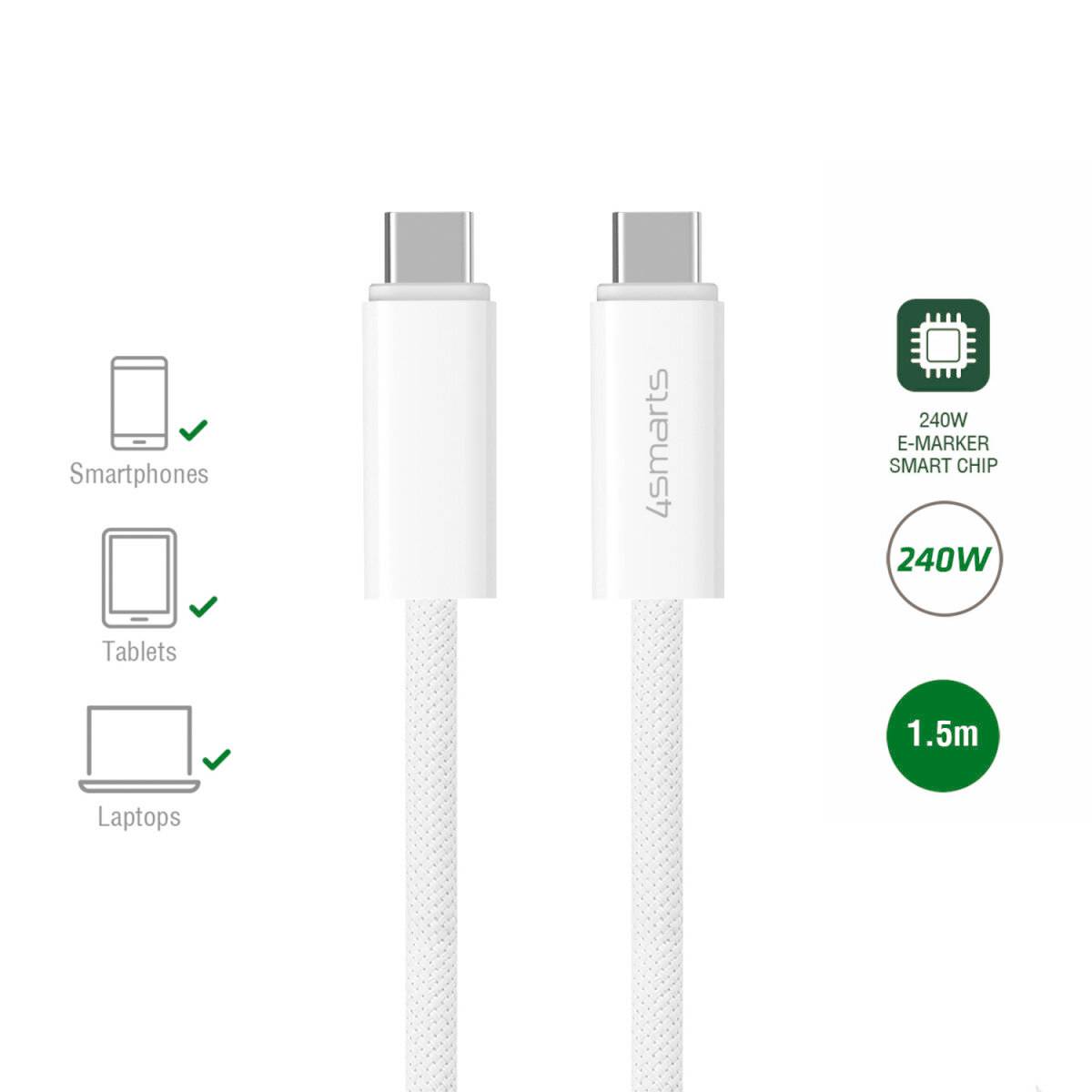 Weißes USB-C-Ladekabel mit 240W E-Marker-Smart-Chip, 1,5m Länge, kompatibel mit Smartphones, Tablets und Laptops.
