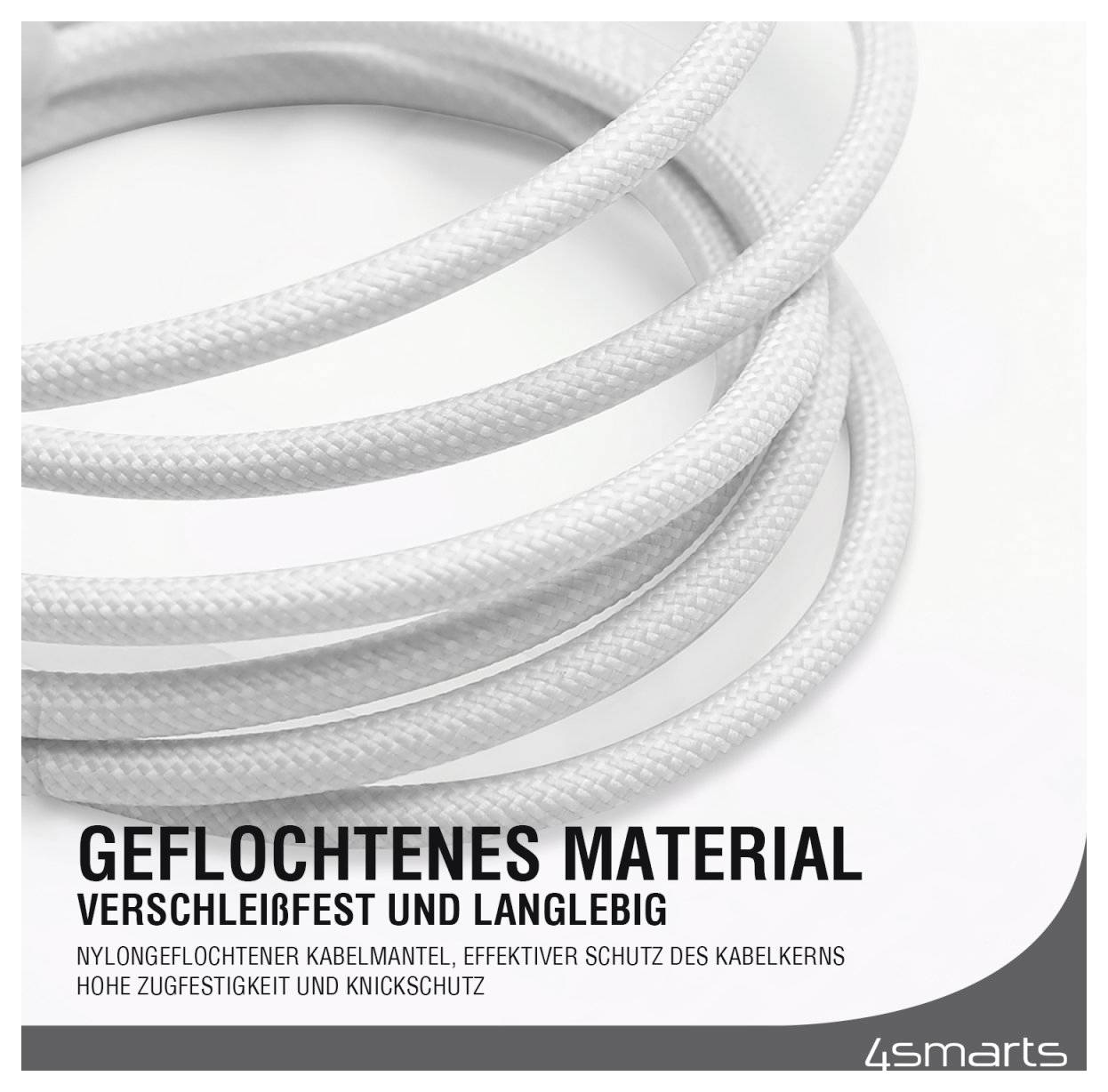Aufgewickelte weiße geflochtene Kabelschutzhülle mit der Bezeichnung „GEFLOCHTENES MATERIAL"; der Text besagt abriebfest, langlebiger Nylonkordschutz mit hoher Zugfestigkeit und Knickschutz.