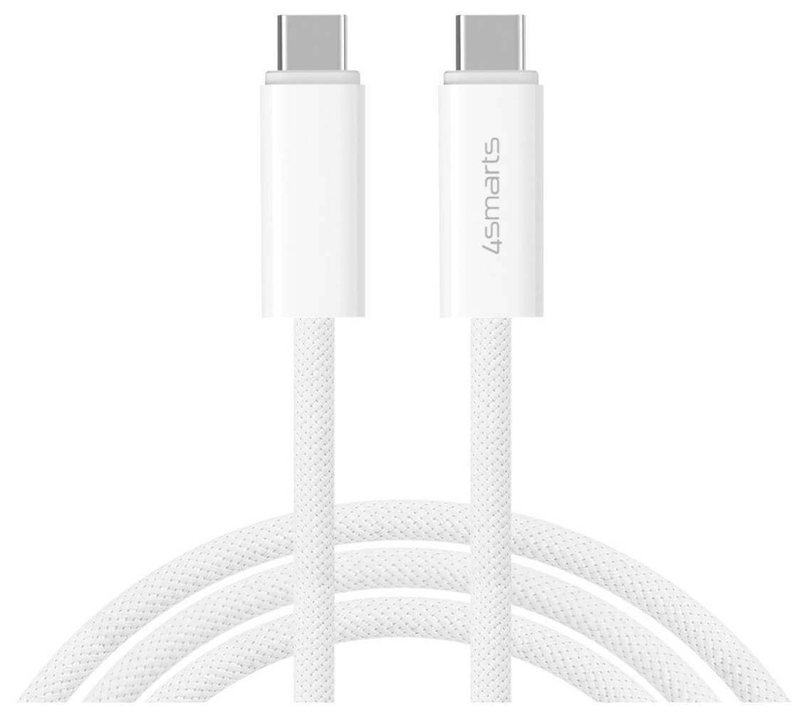 Weißes USB-C-Ladekabel mit zwei Anschlüssen, Marke 4smarts, aufgerollt auf einfachem Hintergrund gezeigt.