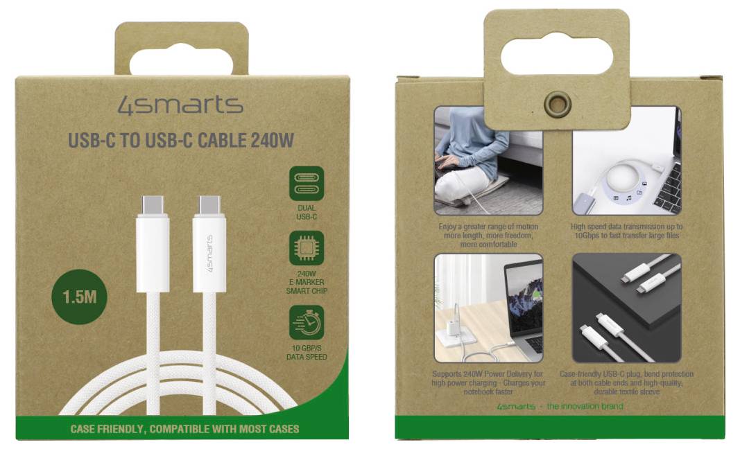 Produktverpackung für 4smarts USB-C zu USB-C Kabel 240W, gezeigt Vorder- und Rückseite, mit 1,5 m Länge, doppeltes USB-C, und Schnellladen-/Datenübertragungssymbole.