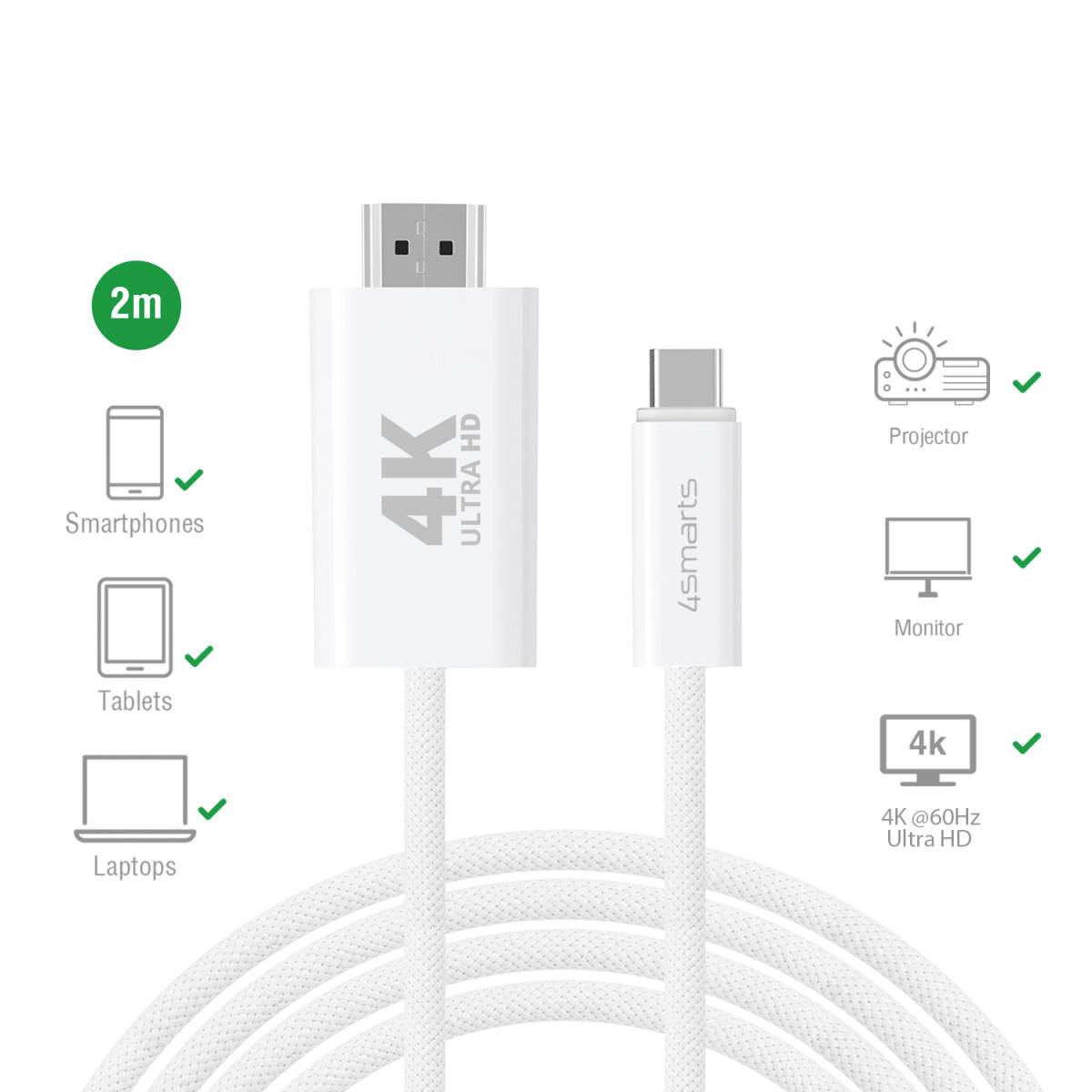 4K Ultra HD USB-C Kabel, 2 m lang, kompatibel mit Smartphones, Tablets, Laptops, Projektoren, Monitoren und 4K@60Hz Displays.