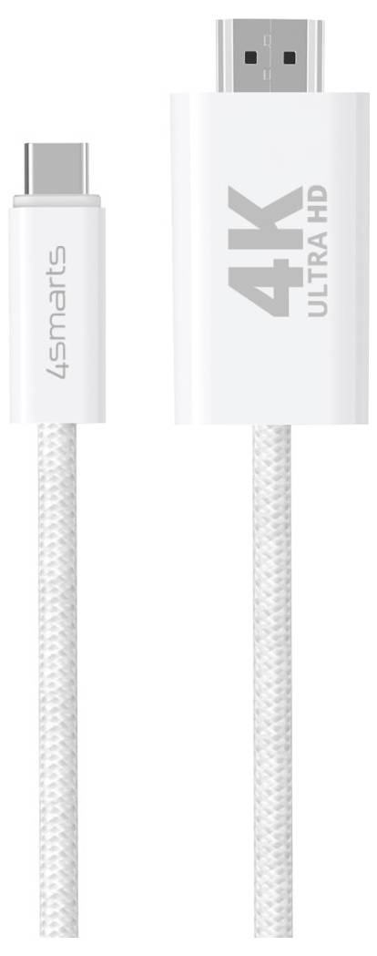 Weißes USB-C zu USB-A Kabel mit geflochtenen Kabeln, mit den Aufschriften „4Smarts" und „4K ULTRA HD" auf den Steckverbindern.