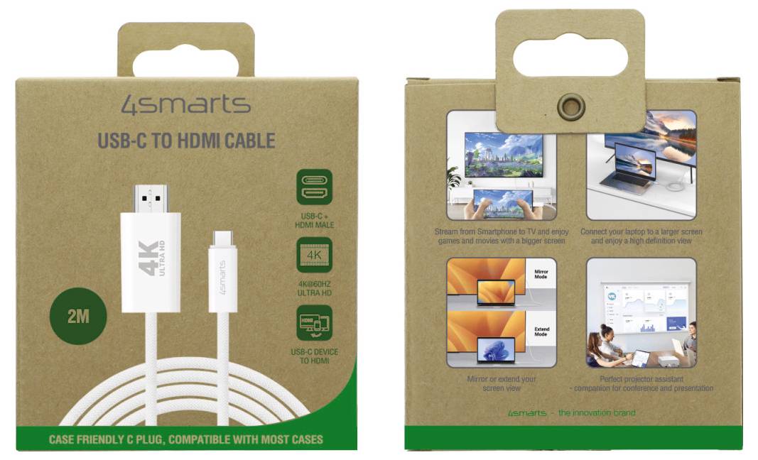 4Smarts USB-C zu HDMI Kabelverpackung, zeigt ein 2m weißes Kabel mit 4K-Unterstützung und USB-C zu HDMI Kompatibilität.