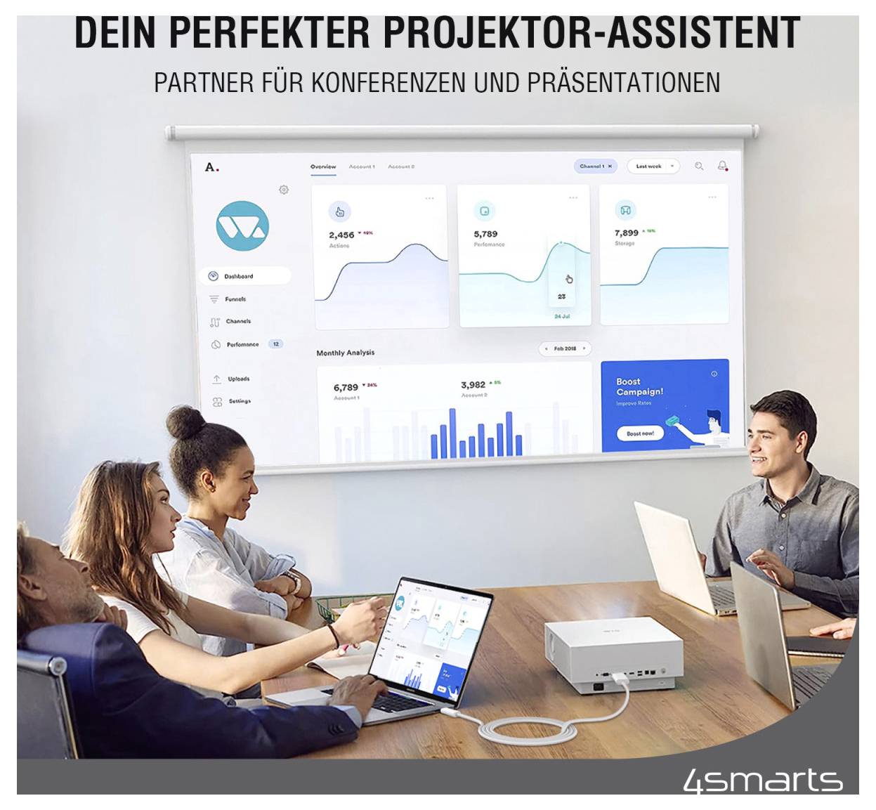 Geschäftstreffen mit einem Projektor, der Analytics-Dashboards und Diagramme anzeigt; Text lautet „DEIN PERFEKTER PROJEKTOR-ASSISTENT" und „PARTNER FÜR KONFERENZEN UND PRÄSENTATIONEN".
