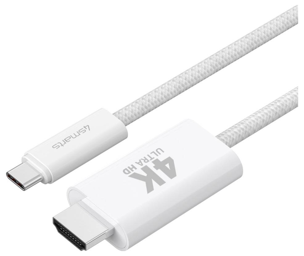 Weißes USB-C-Kabel mit 4K-Ultra-HD-Adapter, das USB-C-Anschluss und größeren HDMI-ähnlichen Stecker auf einem geflochtenen Kabel zeigt.