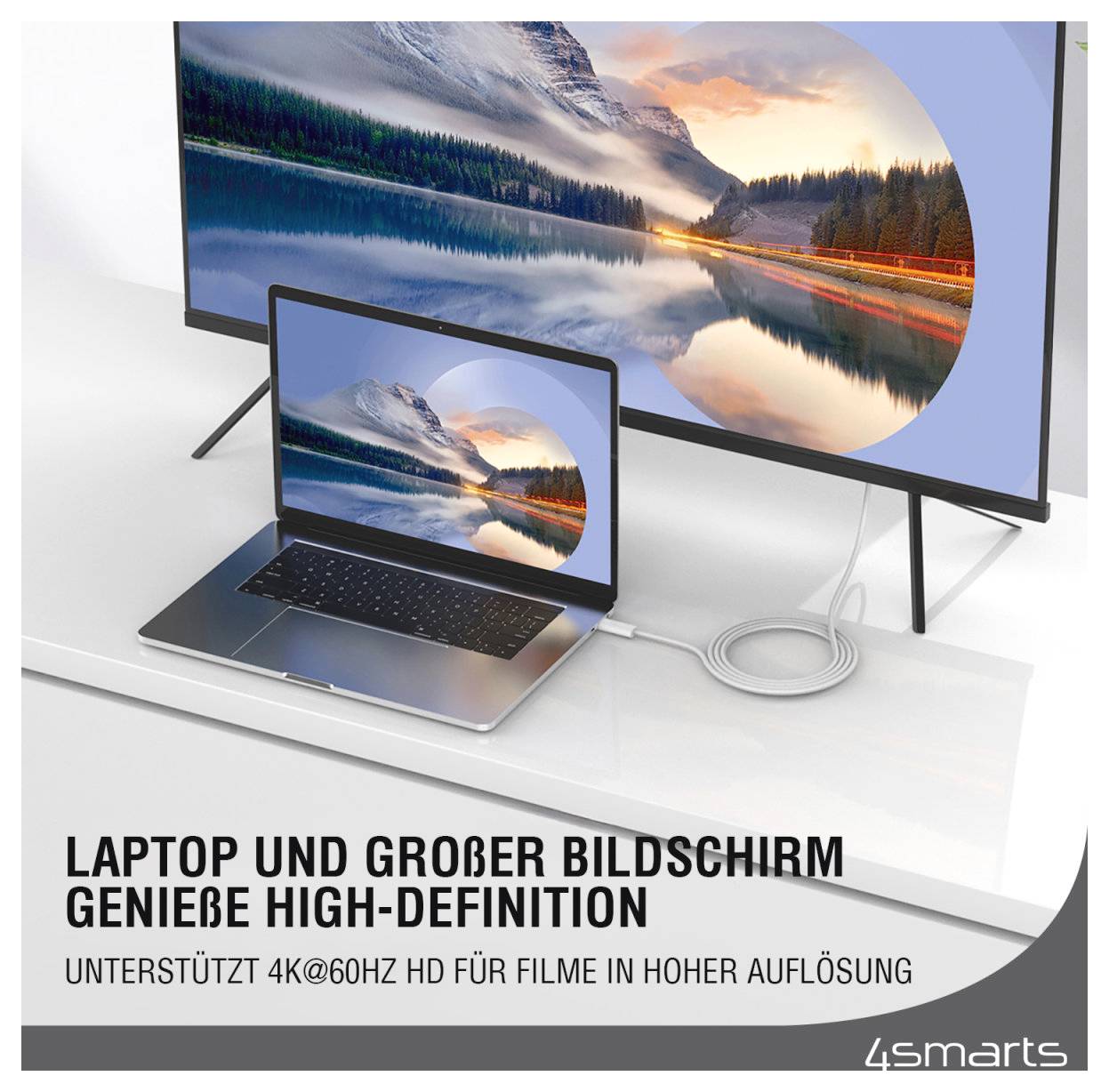# Laptop mit großem Monitor verbunden, der dasselbe Landschaftsbild anzeigt; deutscher Text bewirbt hochauflösendes Anschauen und 4K@60Hz-Unterstützung für Filme.