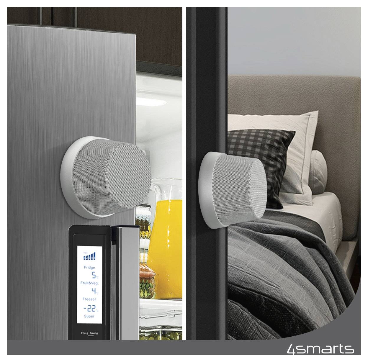 Intelligente Kühlschrank-Türverriegelung und Kontrollknopf, die an einem Kühlschrank neben einem Schlafzimmerbett angebracht sind und ein verbundenes Hausicherheitsgerät andeuten.
