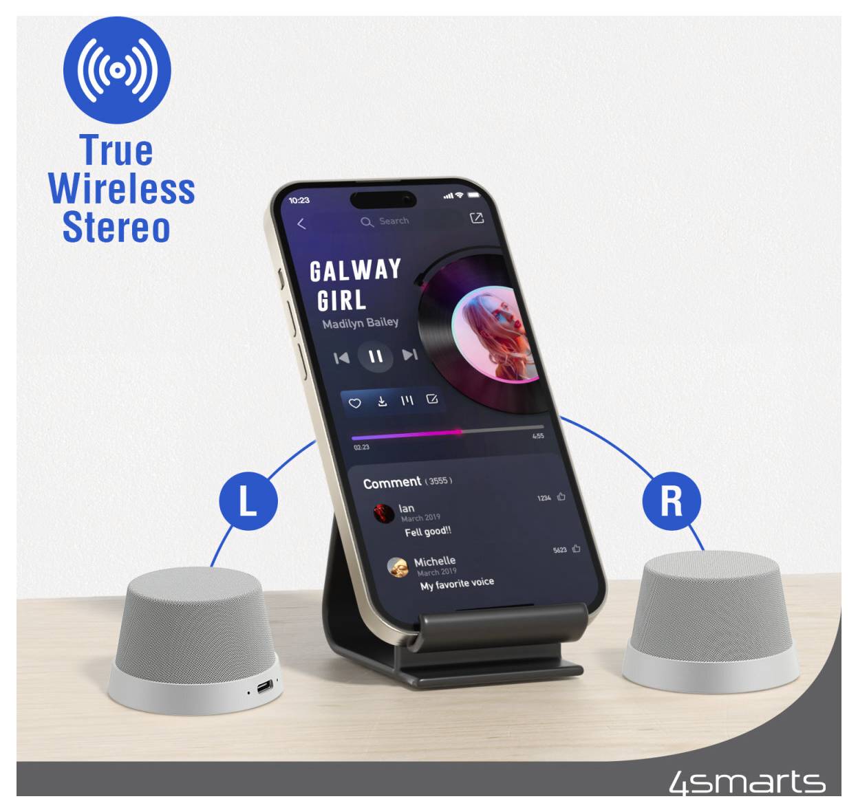 Werbegrafik für echten kabellosen Stereoklang: Ein Smartphone spielt Musik ab und verbindet sich mit linken und rechten Lautsprechern mit den Bezeichnungen L und R.