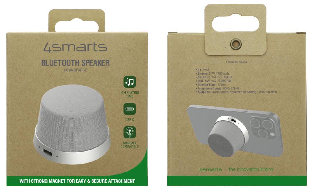 4smarts Bluetooth-Lautsprecher in Kraft-Stil-Einzelhandelverpackung, gezeigt von vorne und hinten mit Produktabbildung, technischen Spezifikationen und Magnetbefestigungsfunktion.