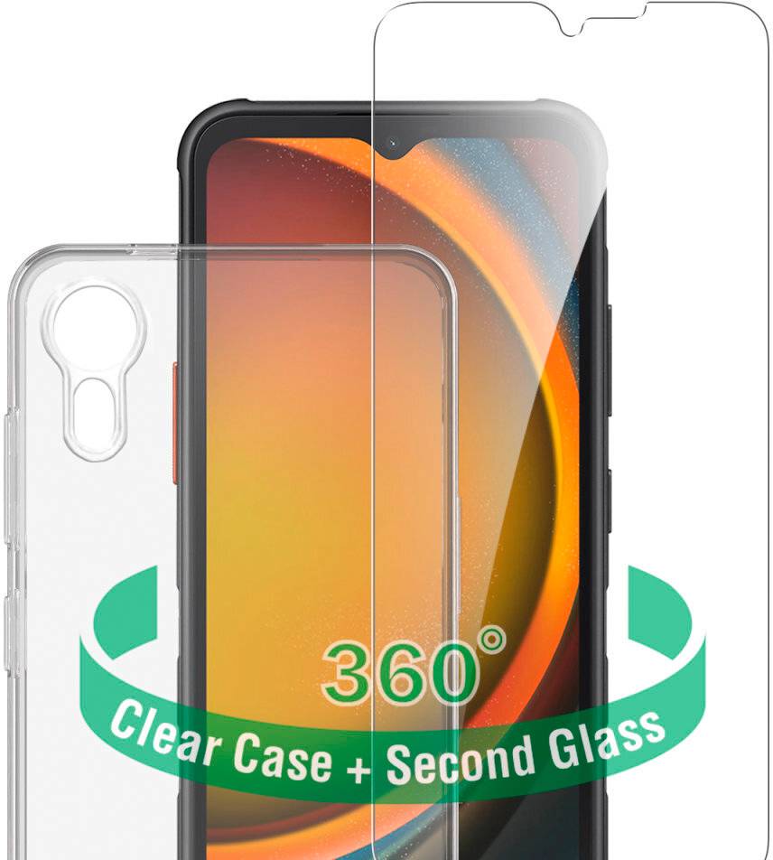 Werbebild eines Smartphones mit einer durchsichtigen Schutzhülle und Displayschutzfolie, gekennzeichnet mit '360° Transparente Hülle + Zweite Glasfolie'.
