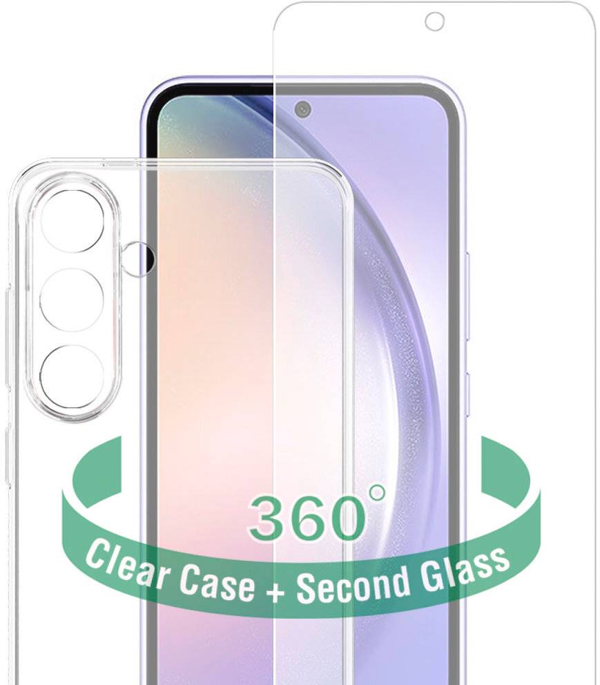 Handyhülle und Displayschutzfolie im Set auf einem Smartphone abgebildet, beschriftet mit „360° Clear Case + Second Glass